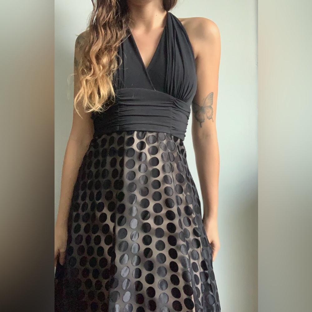 Connected Apparel Black Strapless Dress with Sheer Polka Dots